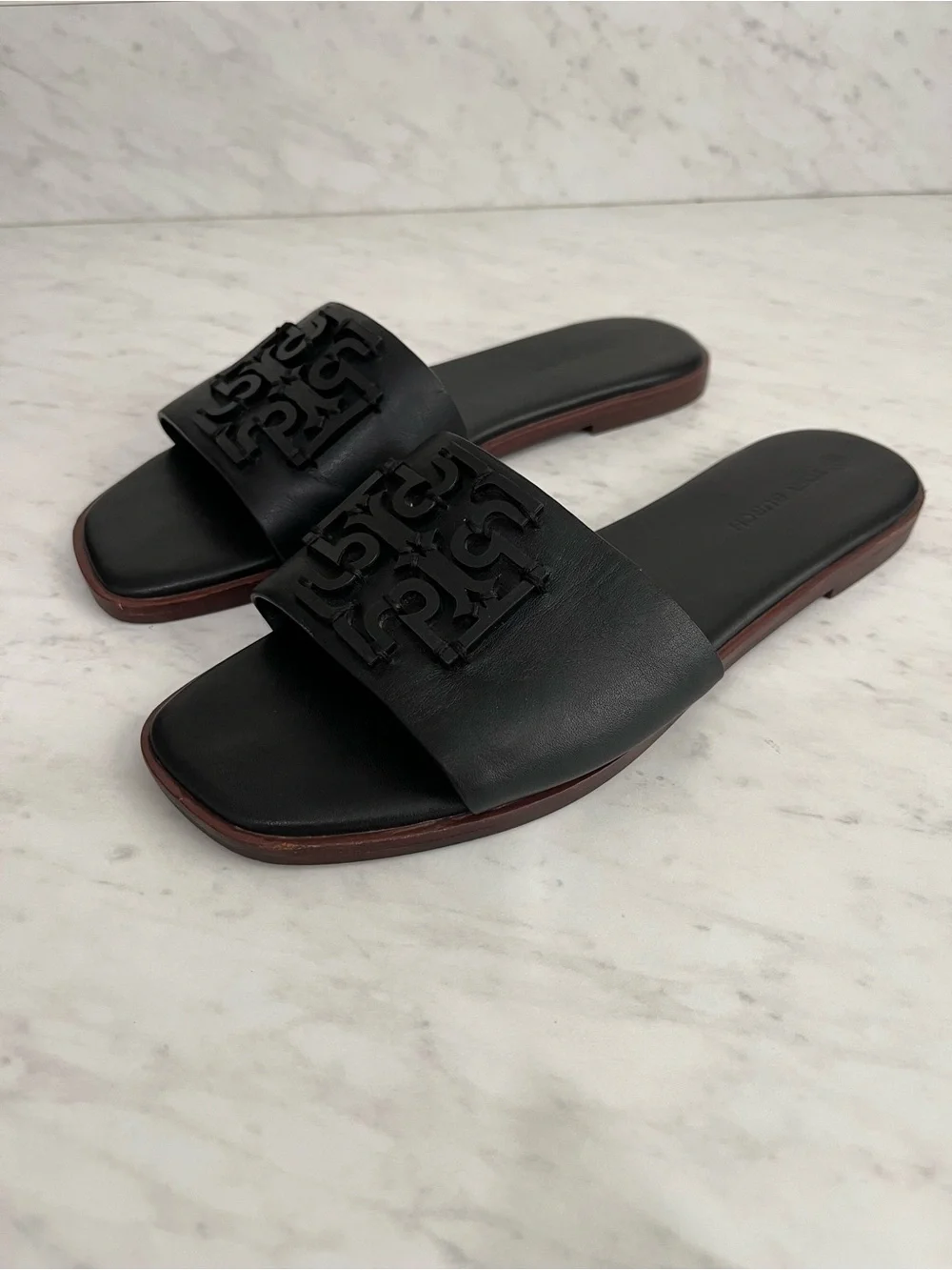 Tory Burch Ines Slide Sandals Black Leather Double T Logo Slides Size 8.5